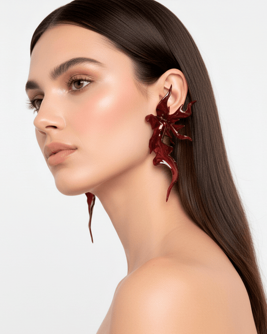 Burgundy Sculptural Flower Earrings - WHYNOEN